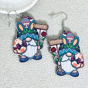 Bunny Gnome with Easter sign wooden earrings
